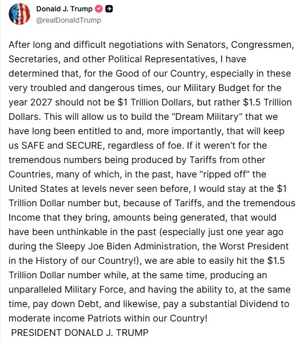 abd baskani trump 2027 savunma butcemizin 1 bucuk trilyon dolar olmasi gerektigine karar verdim VMZJr2p4