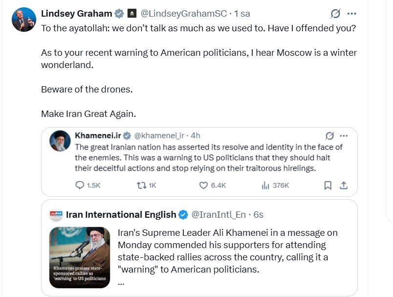 abdli senator grahamdan iranin dini lideri hamaneyin rejim yanlisi gosterileri abdye uyari olarak nitelemesine qgRCBGU4