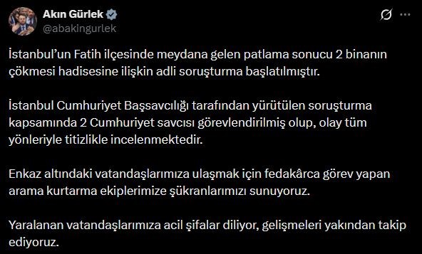bakan gurlek 2 binanin cokmesi hadisesine iliskin adli sorusturma baslatilmistir 0 qvqVRVCN