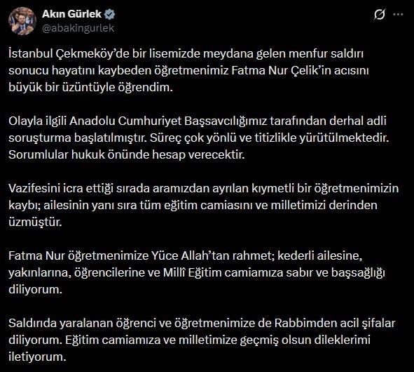 bakan gurlek ogretmen fatma nur celik olayla ilgili derhal adli sorusturma baslatilmistir 0 yW7wEU6v