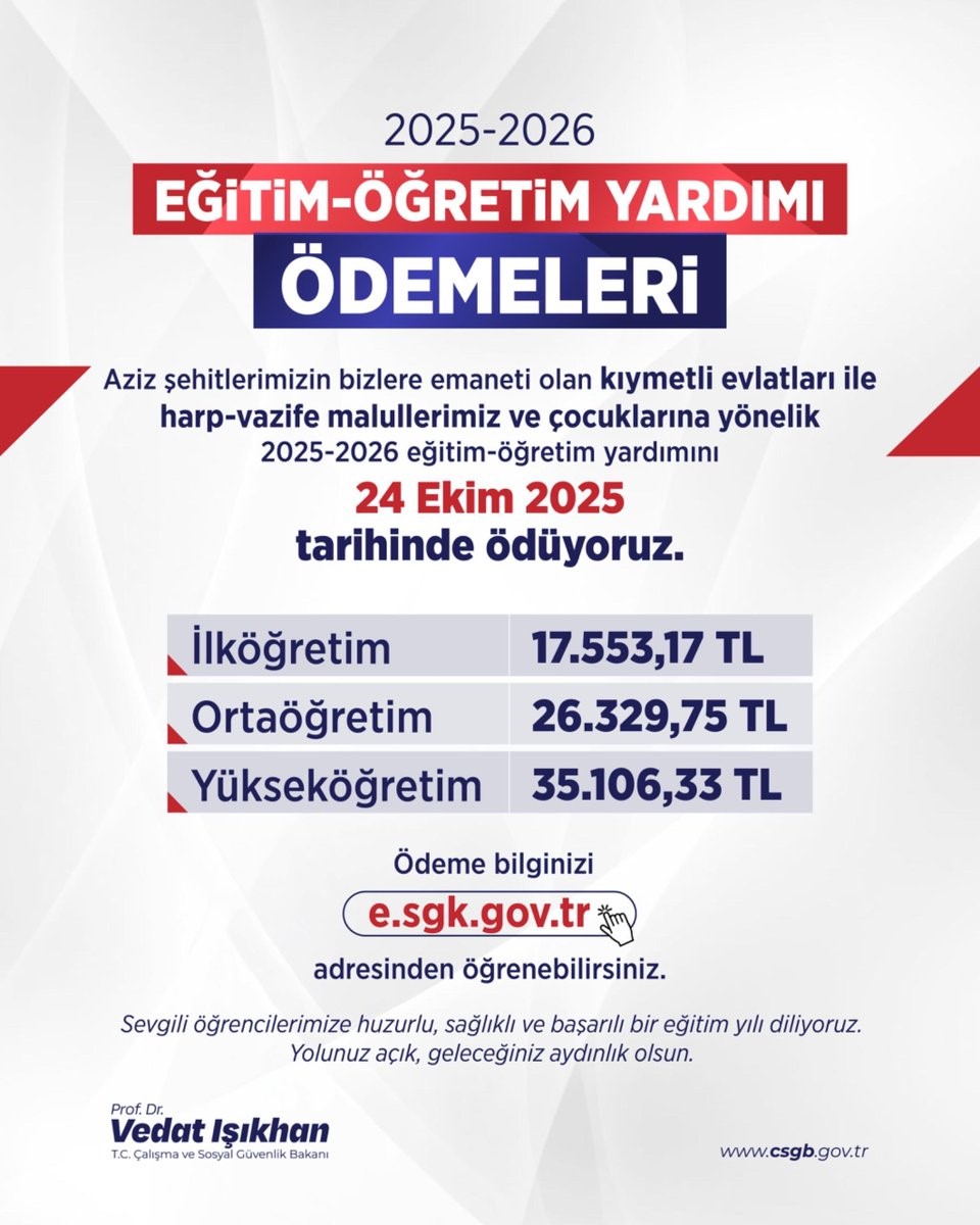 bakan isikhan sehitlerimizin bizlere emaneti evlatlarimiza egitim ogretim yardimini 24 ekim cuma gunu oduyoruz 0