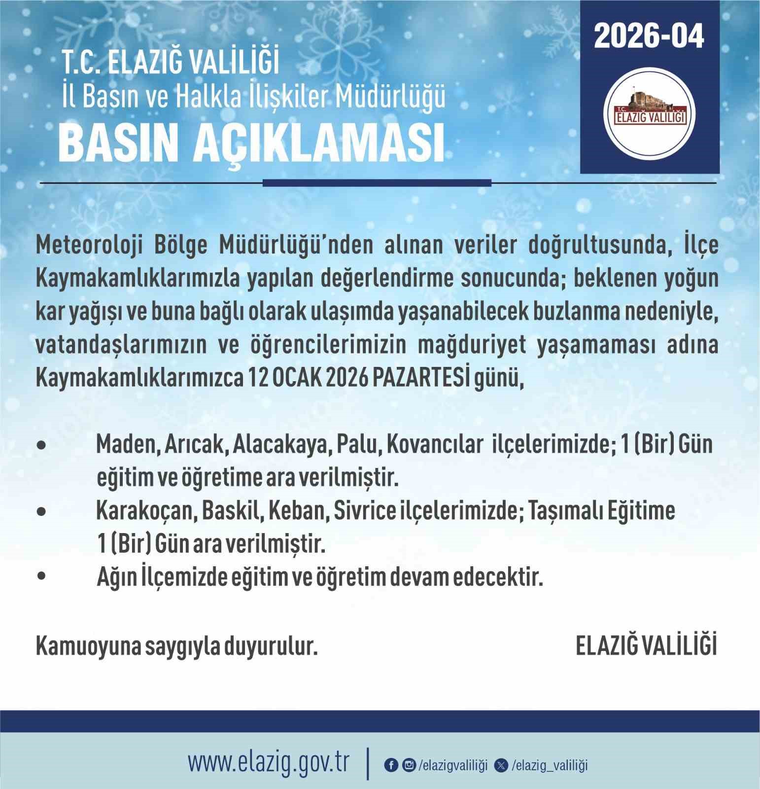 Elazığ’da 5 ilçede eğitim-öğretime ara verildi 4 elazigda 5 ilcede egitim ogretime ara verildi 0 cbVCpJeD