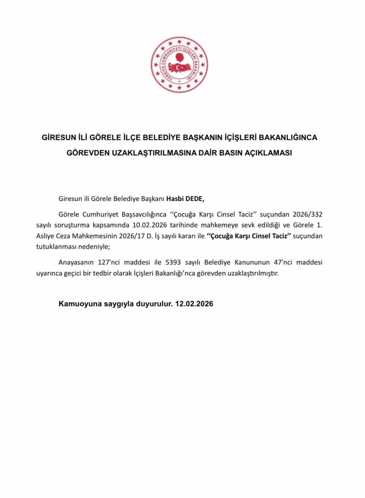 gorele belediye baskani dede icisleri bakanliginca gorevden uzaklastirildi 0 lvtEutqN