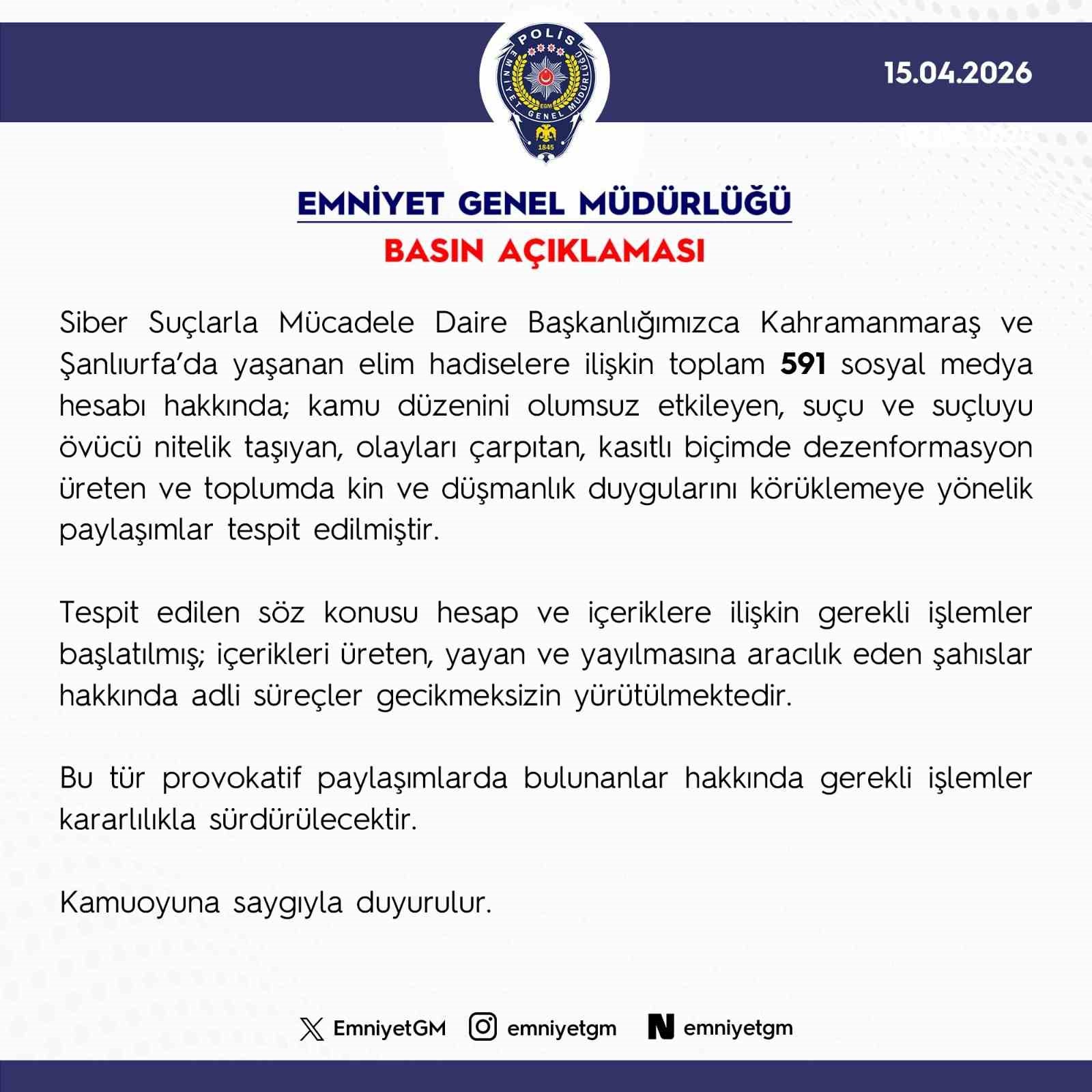 Kahramanmaraş ve Şanlıurfa’daki saldırılarla ilgili dezenformasyon üreten 591 sosyal medya hesabı hakkında işlem başlatıldı 4 kahramanmaras ve sanliurfadaki saldirilarla ilgili dezenformasyon ureten 591 sosyal medya hesabi hakkinda islem baslatildi luKE4Q5P