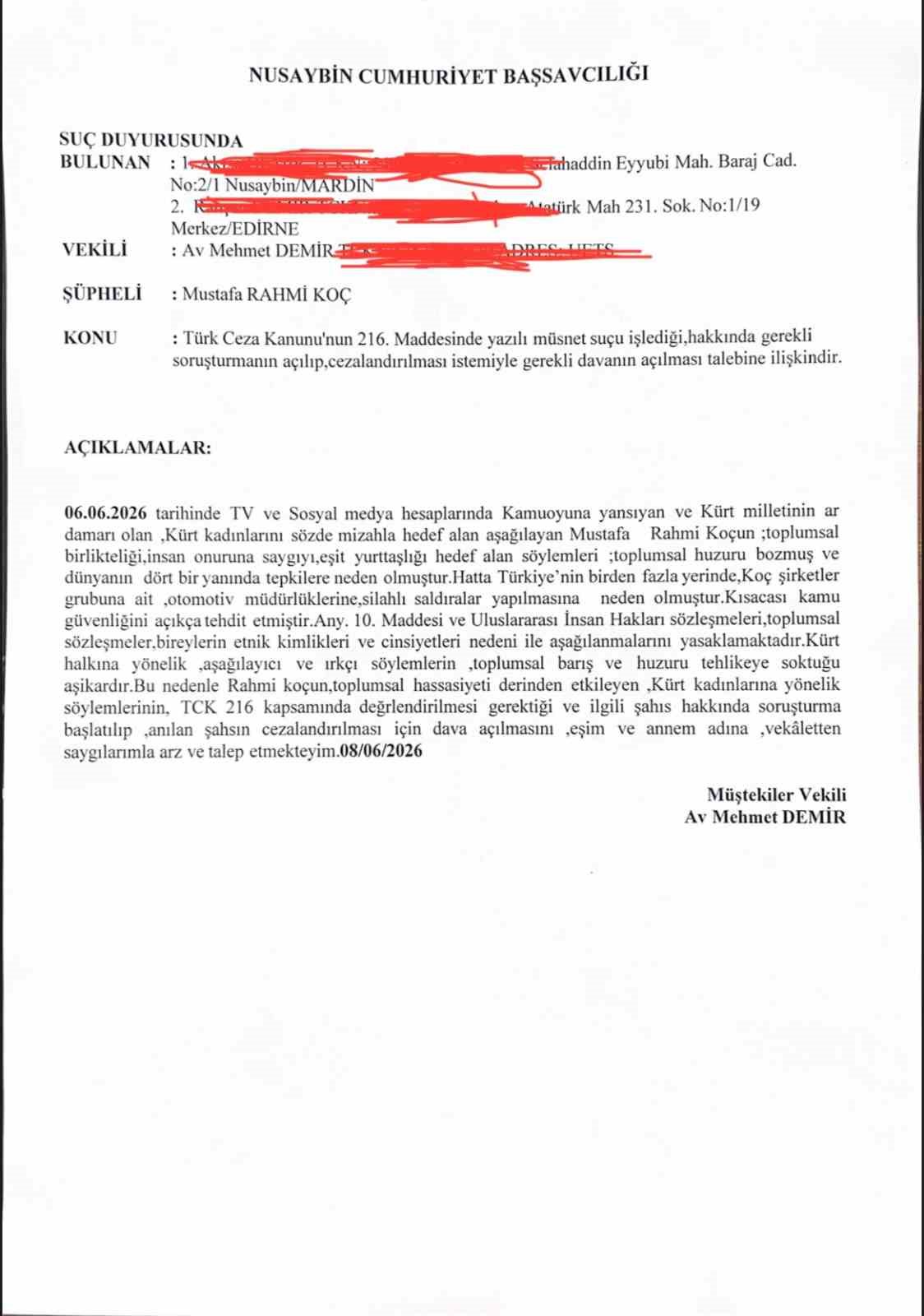 Rahmi Koç hakkında Nusaybin Cumhuriyet Başsavcılığına suç duyurusu 5 rahmi koc hakkinda nusaybin cumhuriyet bassavciligina suc duyurusu 1 F3vIaR4s