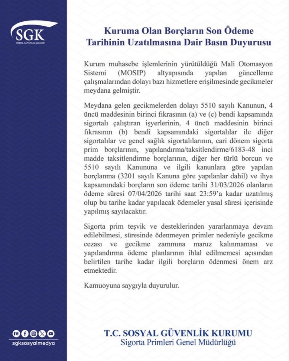 sgk bilgisayar sistemindeki ariza sebebiyle borclarin son odeme tarihini uzatti 0