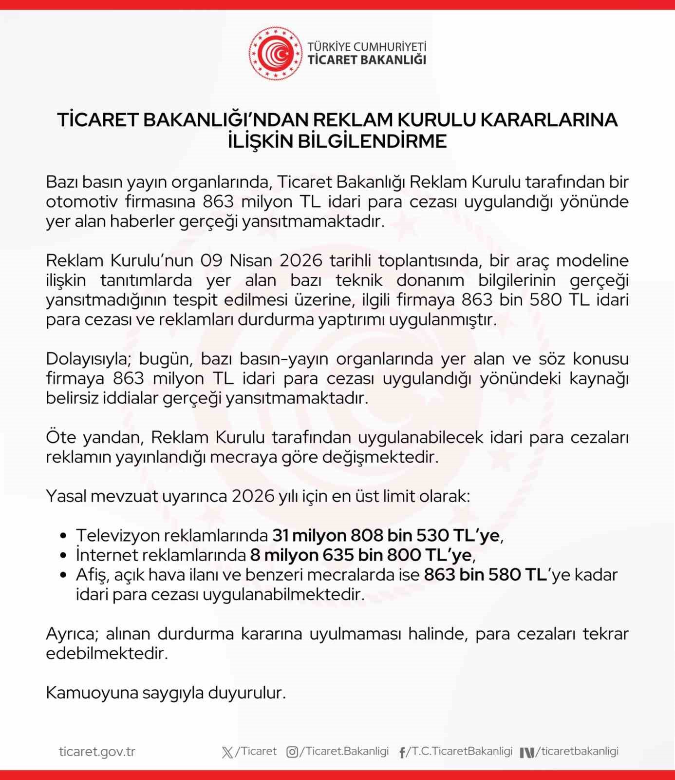 Ticaret Bakanlığı: "Bir otomotiv firmasına 863 milyon lira ceza uygulandığı haberleri gerçeği yansıtmamaktadır" 4 ticaret bakanligi bir otomotiv firmasina 863 milyon lira ceza uygulandigi haberleri gercegi yansitmamaktadir 0 RZ58KhZA