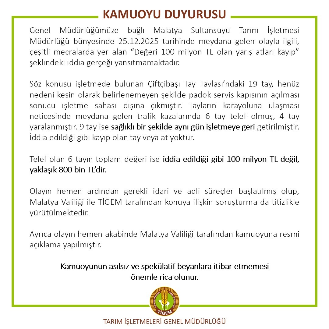 tigemden degeri 100 milyon lira olan yaris atlari kayip iddialarina yalanlama 0 TdeDKlw9