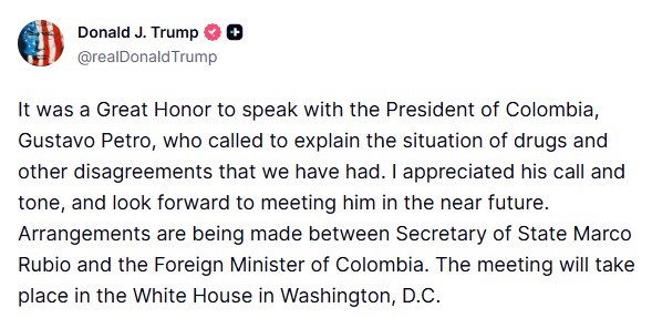 trump kolombiya devlet baskani petro ile telefonda konustugunu duyurdu beni aramasini ve uslubunu takdir K2uUZWXz