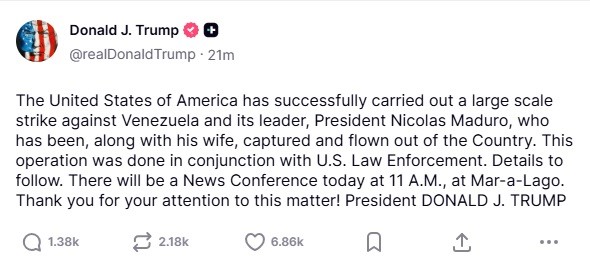 trump venezuelaya saldiriyi dogruladi maduro ve esi yakalanarak ulkeden cikarildi 0