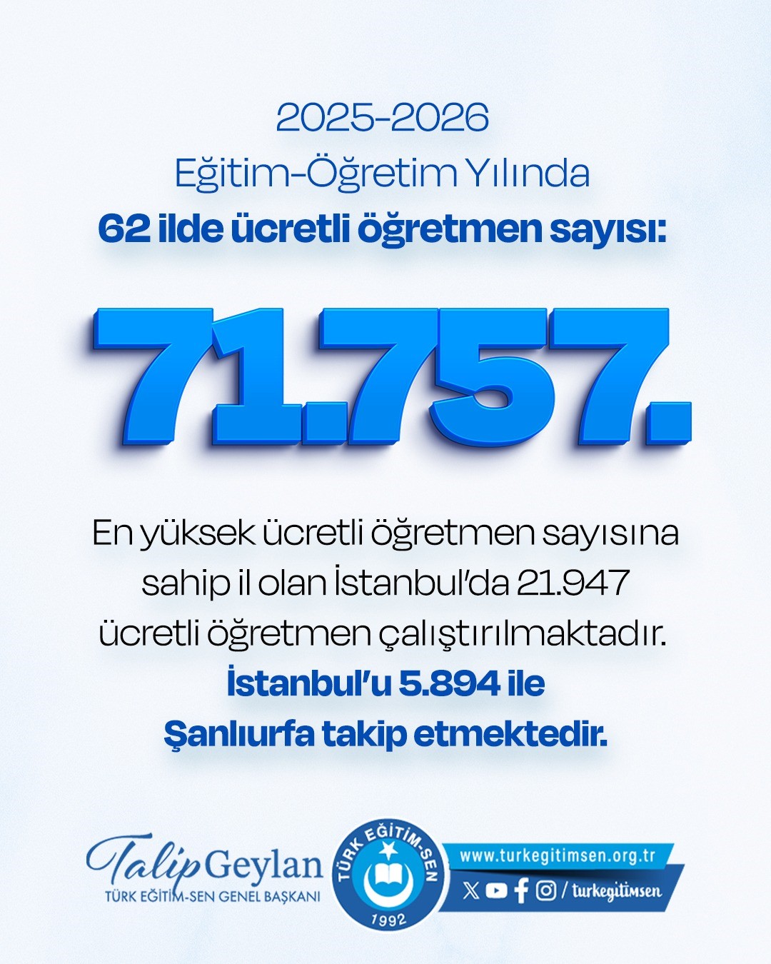 turk egitim sen arastirdi 62 ilde 71 bin 757 ucretli ogretmen sayisi ve 55 ilde SX5iTfTU