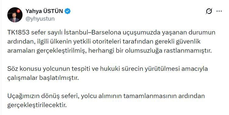 turk hava yollari iletisim baskani yahya ustun herhangi bir olumsuzluga rastlanmamistir 0 23dsL5zK